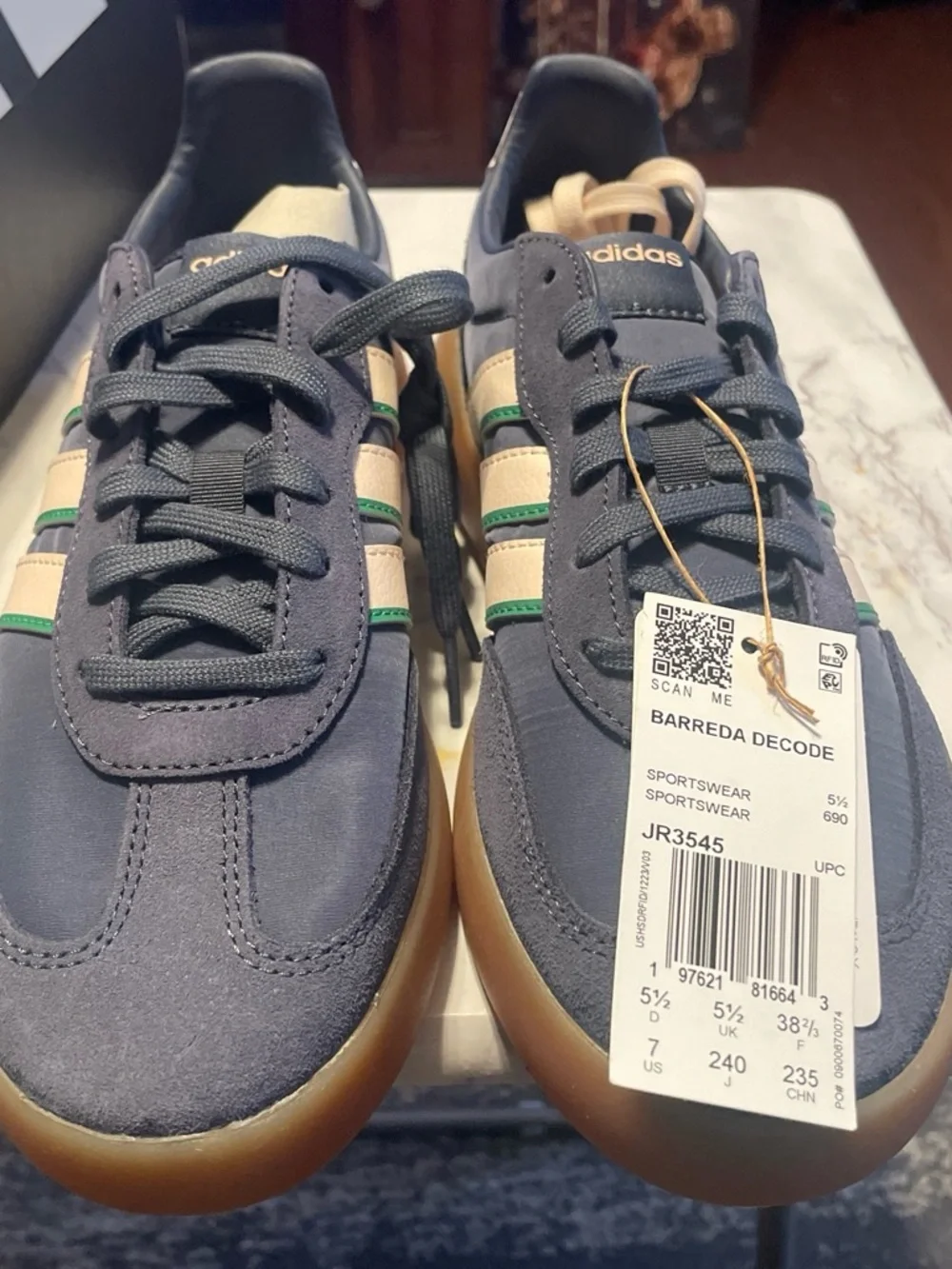 adidas Barreda Decode Sneaker in Gray with White Stripes and Green Accents